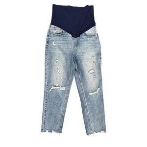Pinkblush Light Wash Distressed Maternity Cropped Jeans with Navy Panel